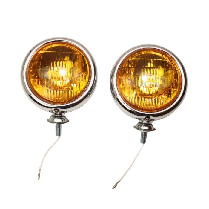 Volvo Mistlamp chroom geel glas - 2 stuks - diameter 13 cm- 6 volt kan aangepast worden op 12 Volvo onderdeel nr 108G