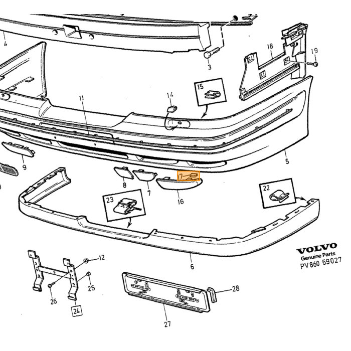 Volvo Kofangerklemme bag Volvo 700 900 V70 P26 XC70 (2001-2007) XC90 (-2014) Volvo varenummer 1369266