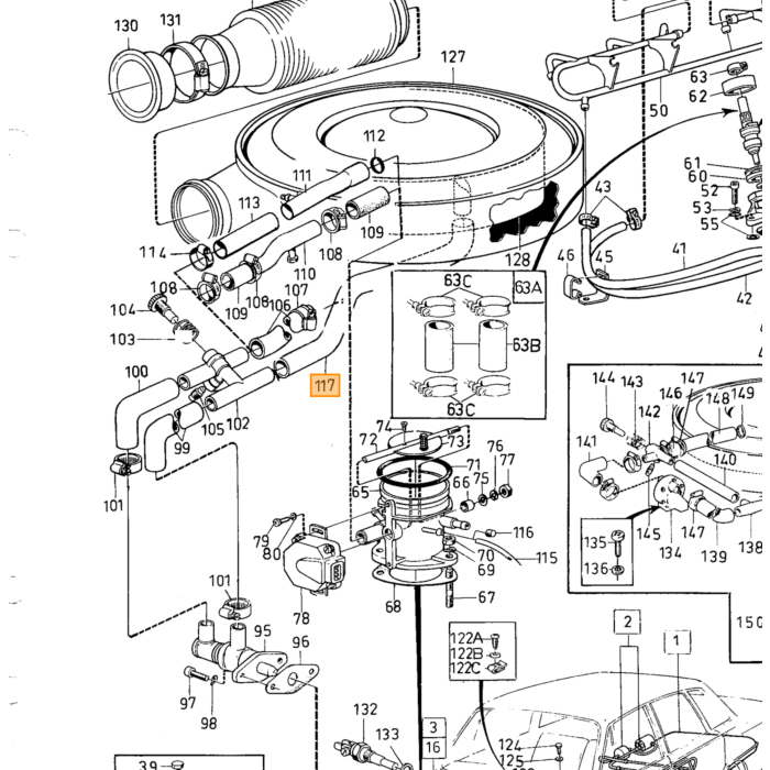 Volvo gummislange 164 luftcirkulationsindsprøjtning til luftfilter Volvo varenummer 461233