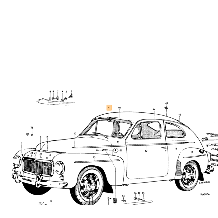 Volvo Beklædningsliste forbindelsesstykke forrude + bagrude PV544 + P1800 + 245 til kombi 220 bagrude 145 + 245 bagrude 670020 670021 670986b 670987 Volvo varenummer 660151