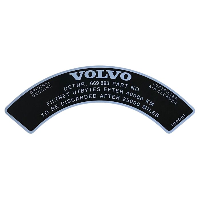 Volvo Sticker voor luchtfilter 669893 B18A Zenith VN36 Volvo onderdeel nr 669893S