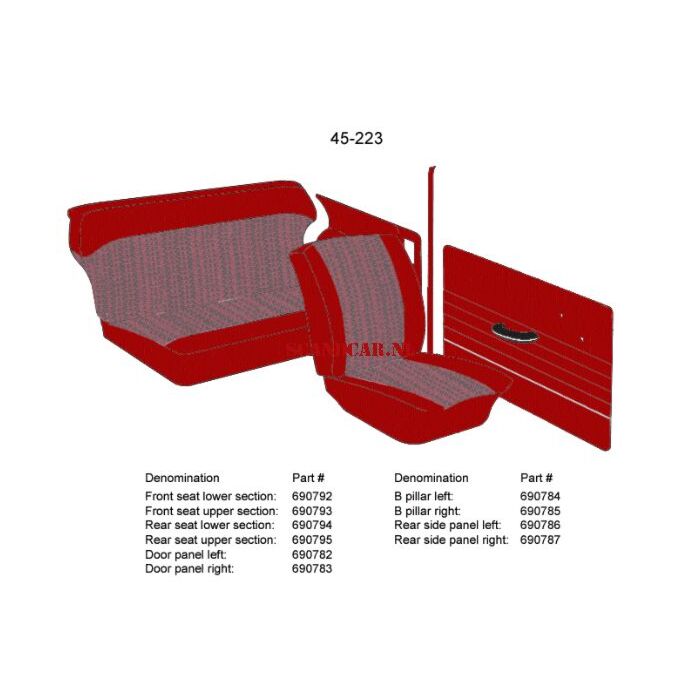 Bekleding PV544 achterbank hoes rug 62-63 rood 45-223 zie nr 690794