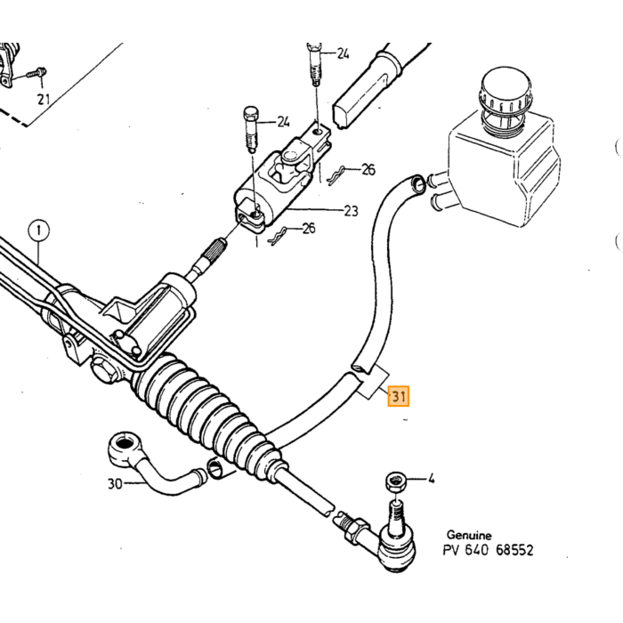 Volvo returslange servostyring til CAM/TRW 4-CYL Volvo 740/760/940/960 venstrestyret Volvo varenummer 9447888