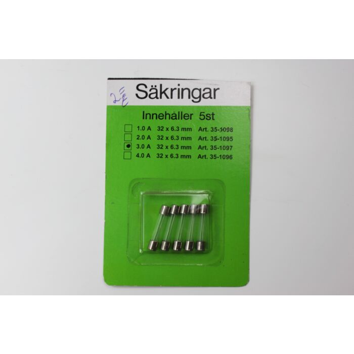 Sikring Quick-Fit 3A, 32 x 6,3mm, 5-pak, NOS