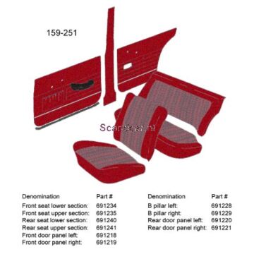 Bekleding Amazon 4 deurs achterbankhoes SET !zitting+rug rood 1963-1964 159-251(set!)