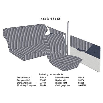 Volvo Bekleding PV444 B stijl Links blauw/grijs 1951-1955 type B-H Volvo onderdeel nr 93190