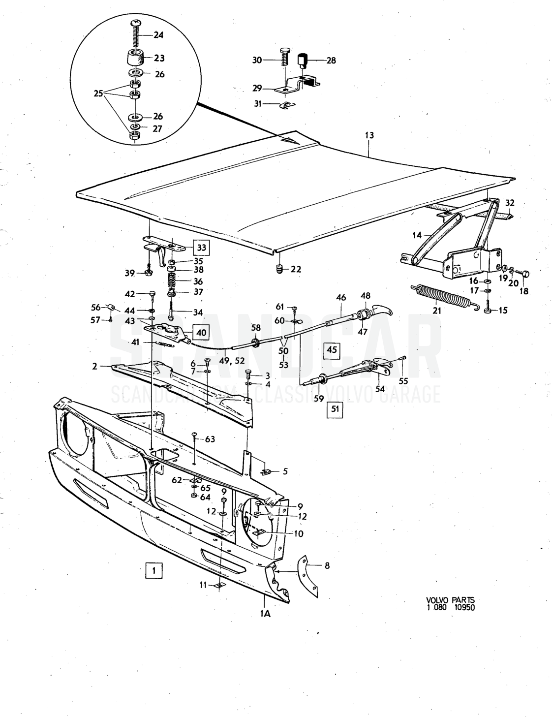 section, bonnet, Illustration Sats Kit - eksplosionstegning, Andre dele, Volvo 140-serien op til 1972