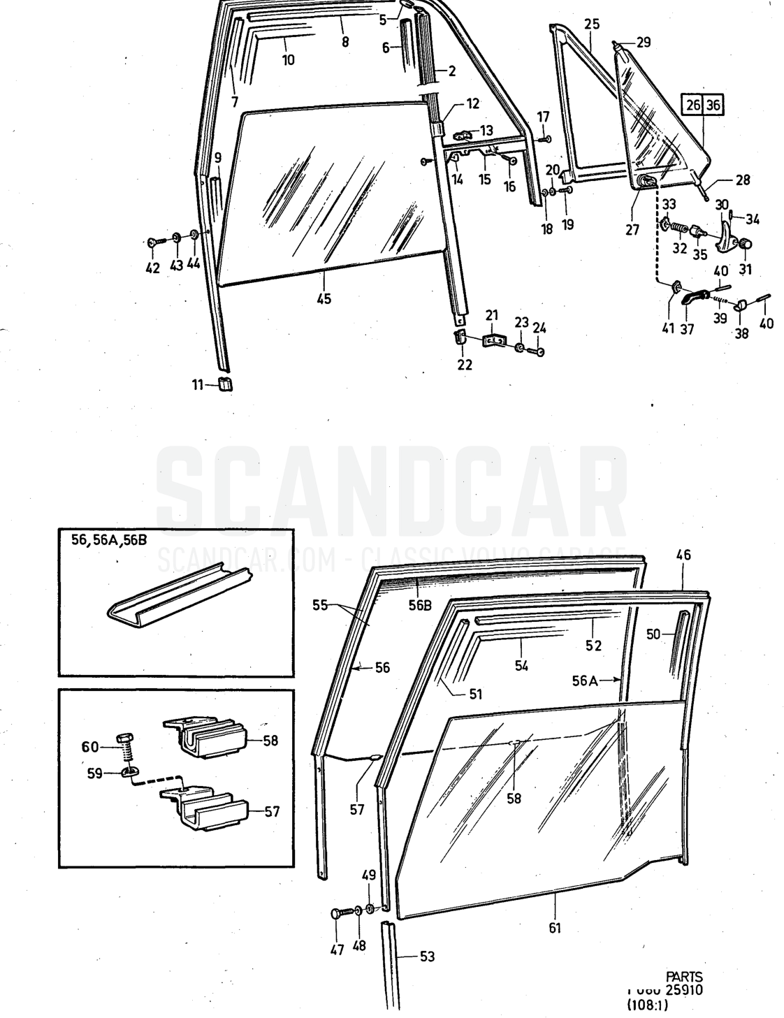 arch with components. Illustration glass. Sats Kit - eksplosionstegning, Andre dele, Volvo 140-serien op til 1972