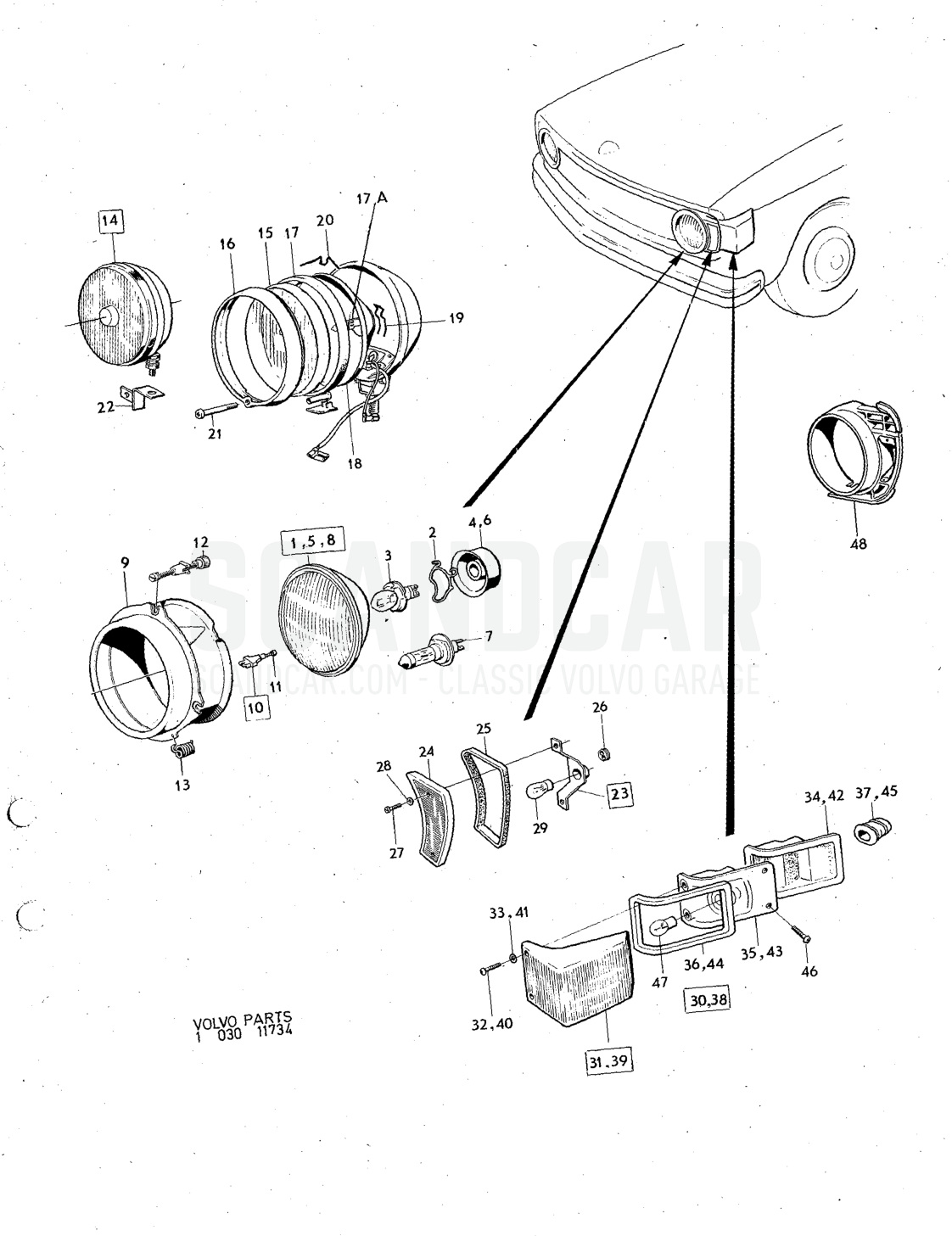 Lighting equipment - eksplosionstegning, Elektrisk udstyr, Volvo 140-serien fra 1972