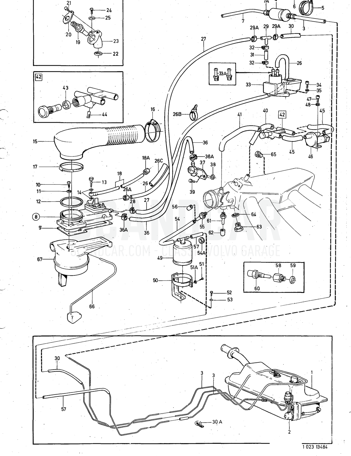 Fuel system injection engine - eksplosionstegning, Brændstof- og udstødningssystem, Volvo 140-serien fra 1972