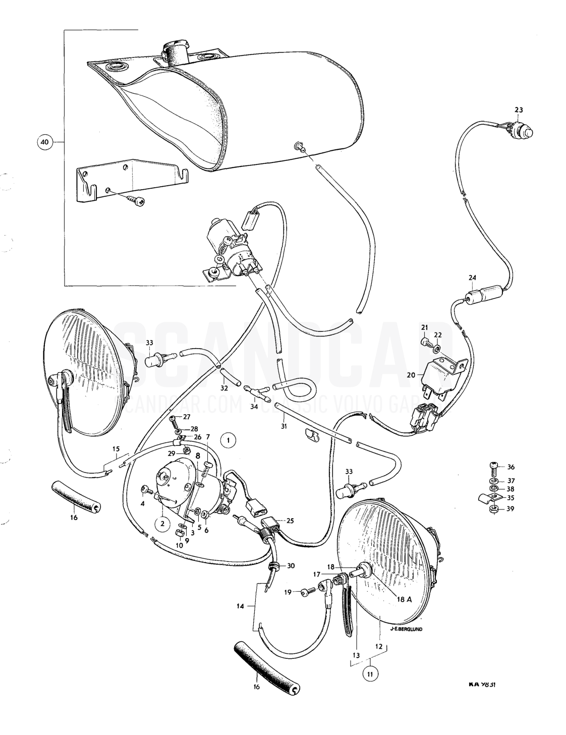 Headlightwiper, washer components early prod. - eksplosionstegning, Elektrisk udstyr, Volvo 164-serien op til 1975