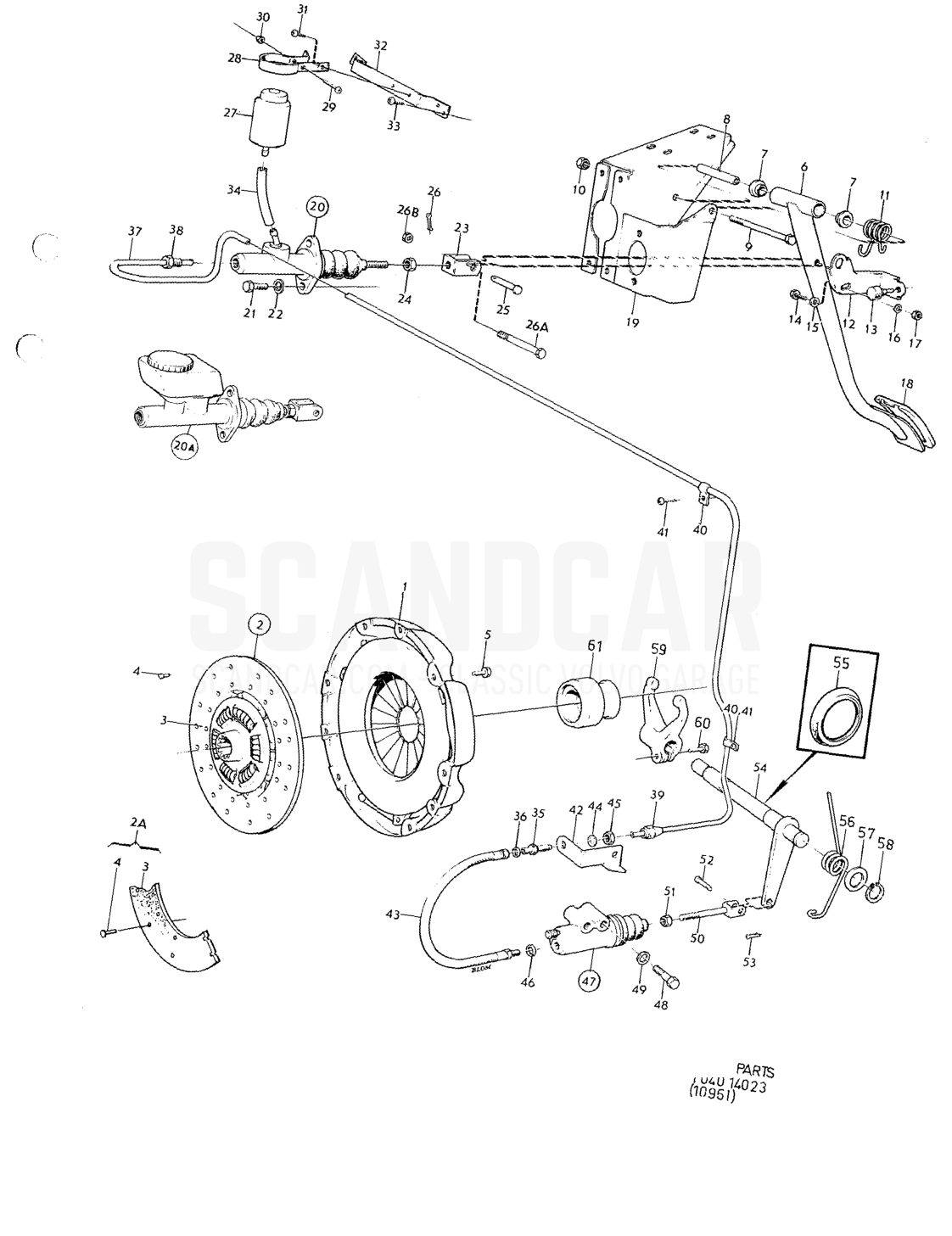 Clutch, clutch linkage RHD - eksplosionstegning, Kraftoverføring - Bagaksel, Volvo 164-serien op til 1975