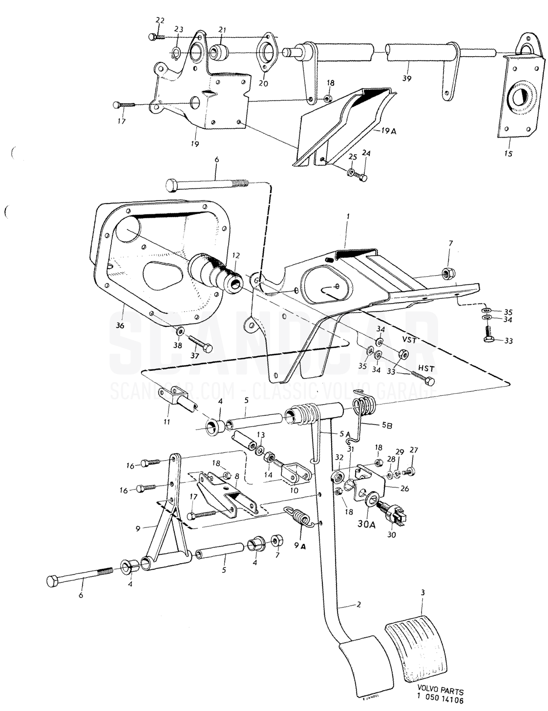 Brake pedal and installation components - eksplosionstegning, Bremser, Volvo 164-serien op til 1975