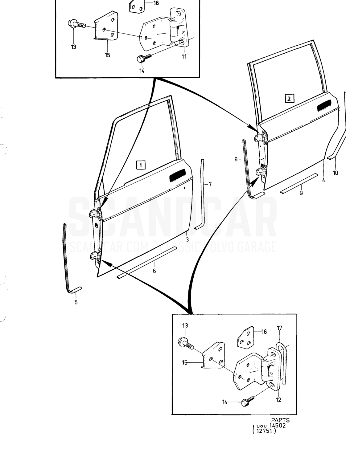 Door components, forward doors - eksplosionstegning, Karrosseri, Volvo 164-serien op til 1975