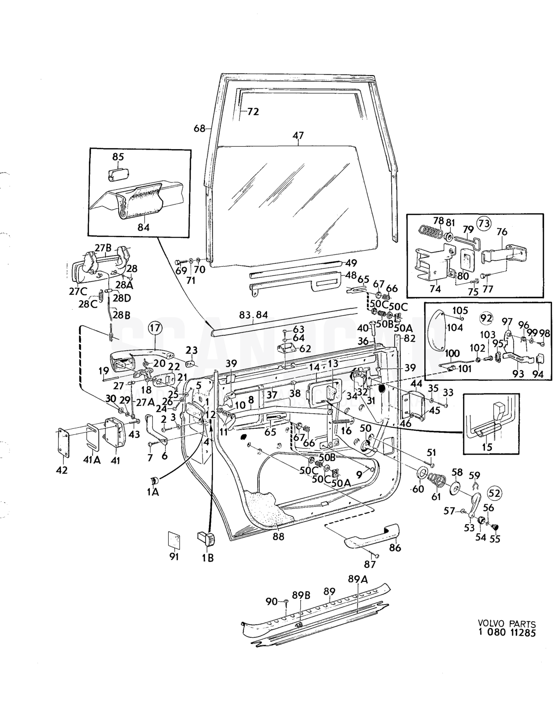 Door components, forward doors - eksplosionstegning, Andre dele, Volvo 164-serien op til 1975