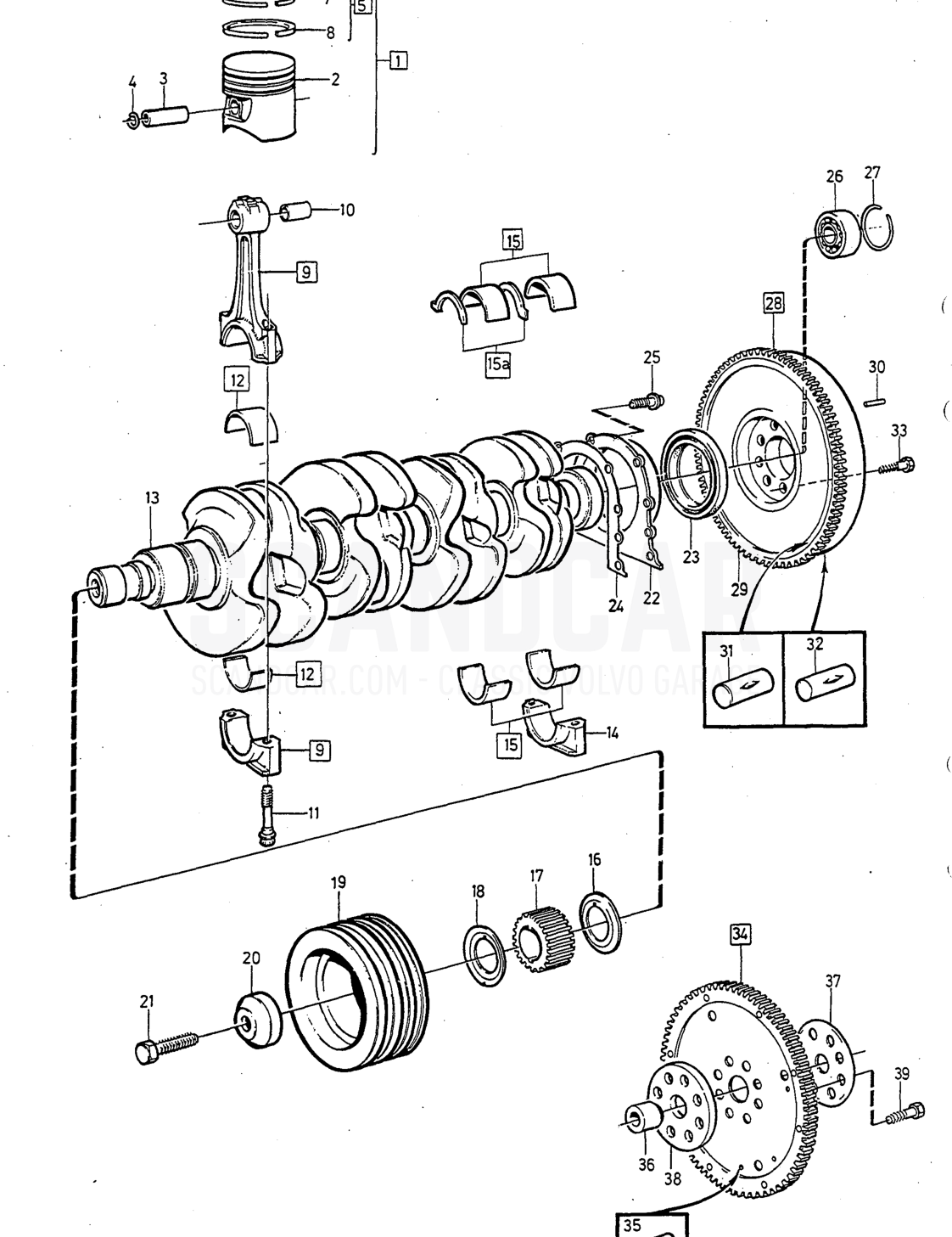 Motor, side 110 - eksplosionstegning, Volvo 240-serien fra 1988