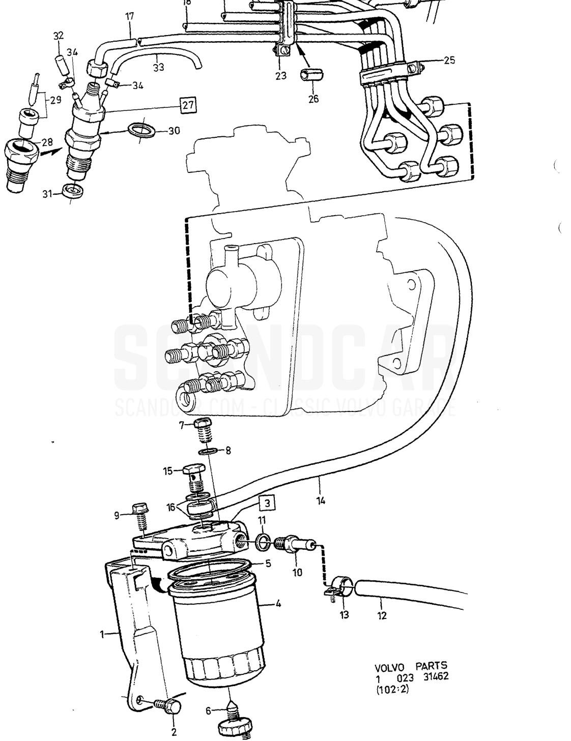 MIT KRAFTSTOFF- ROHR, MOTOR, KRAFTSTOFFIL TER - eksplosionstegning, Motor, Volvo 740-760-serien op til 1984