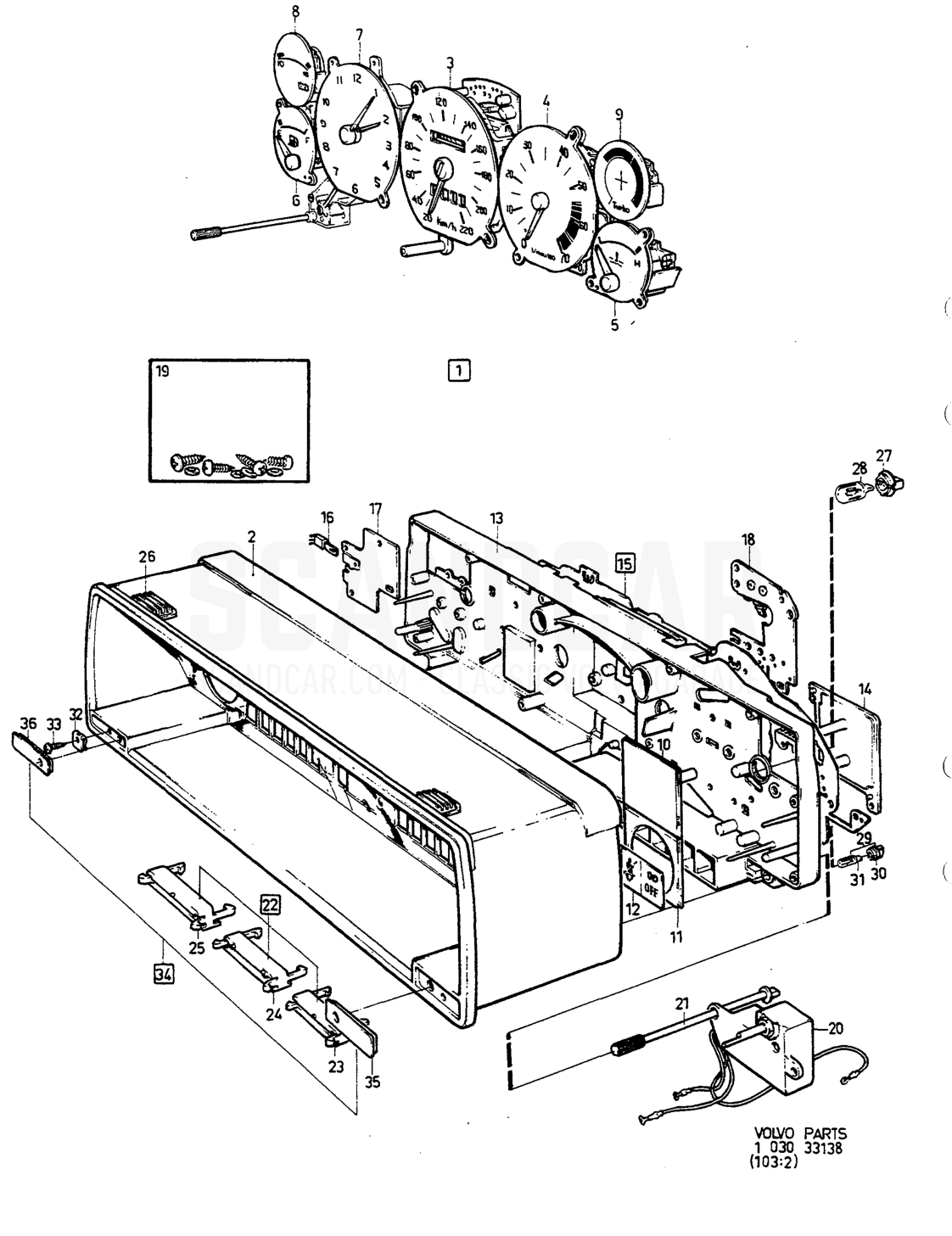 KOMBINATIONSINSTRUMENT - eksplosionstegning, Elsystem, Volvo 740-760-serien op til 1984