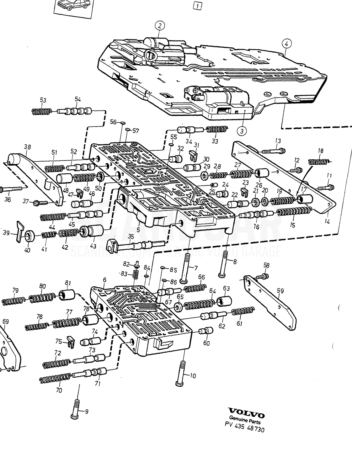STEUERSYSTEM - eksplosionstegning, Kraftoverføring, Volvo 740-760-serien op til 1984