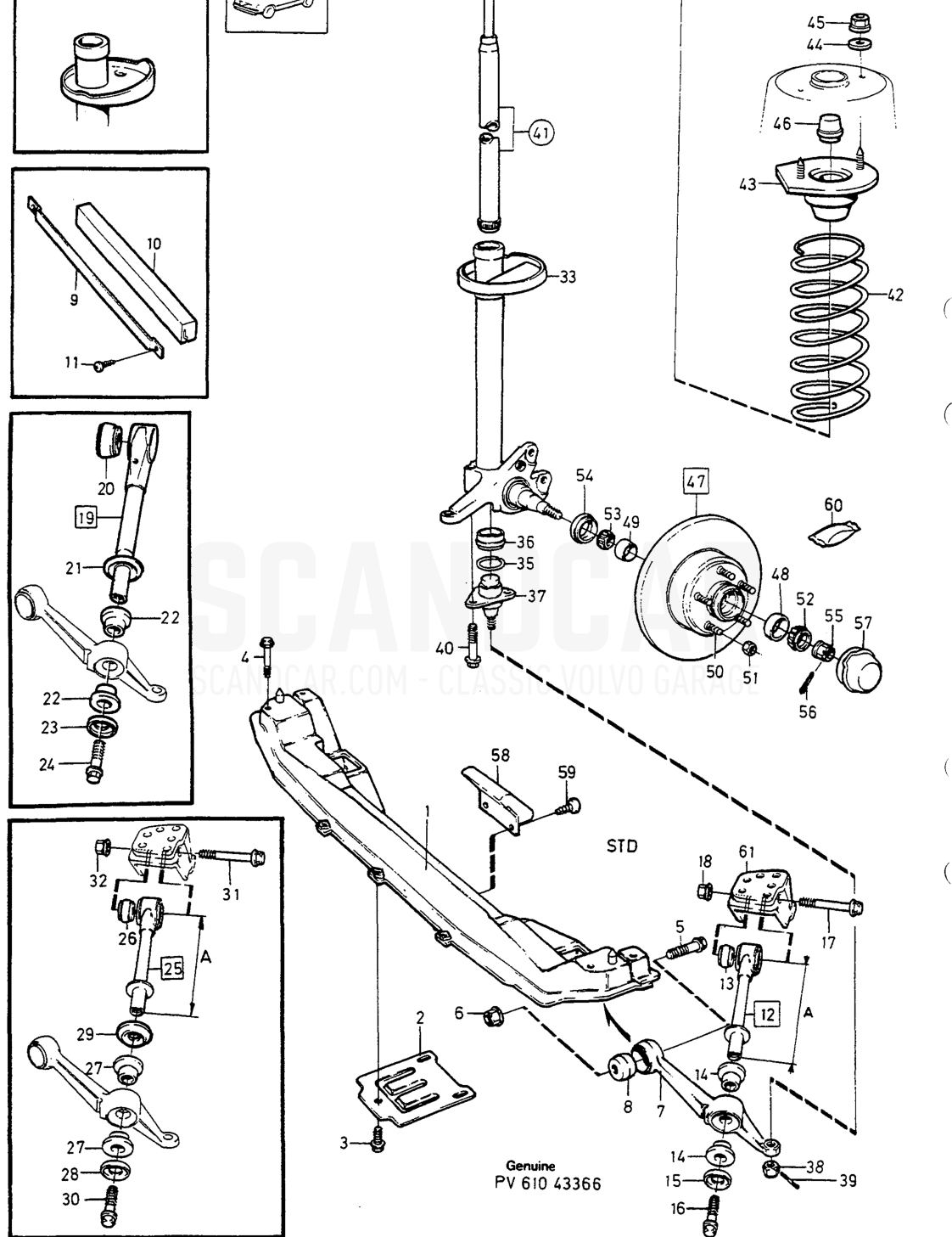 VORDERACHSE FEDERBEIN - eksplosionstegning, Bremser, Volvo 740-760-serien op til 1984