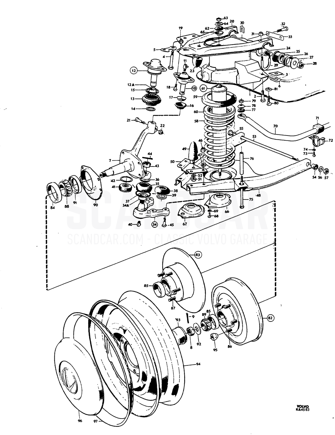 Front axle, wheels - eksplosionstegning, Foraksel - Hjul - Styretøj, Volvo Amazon B18