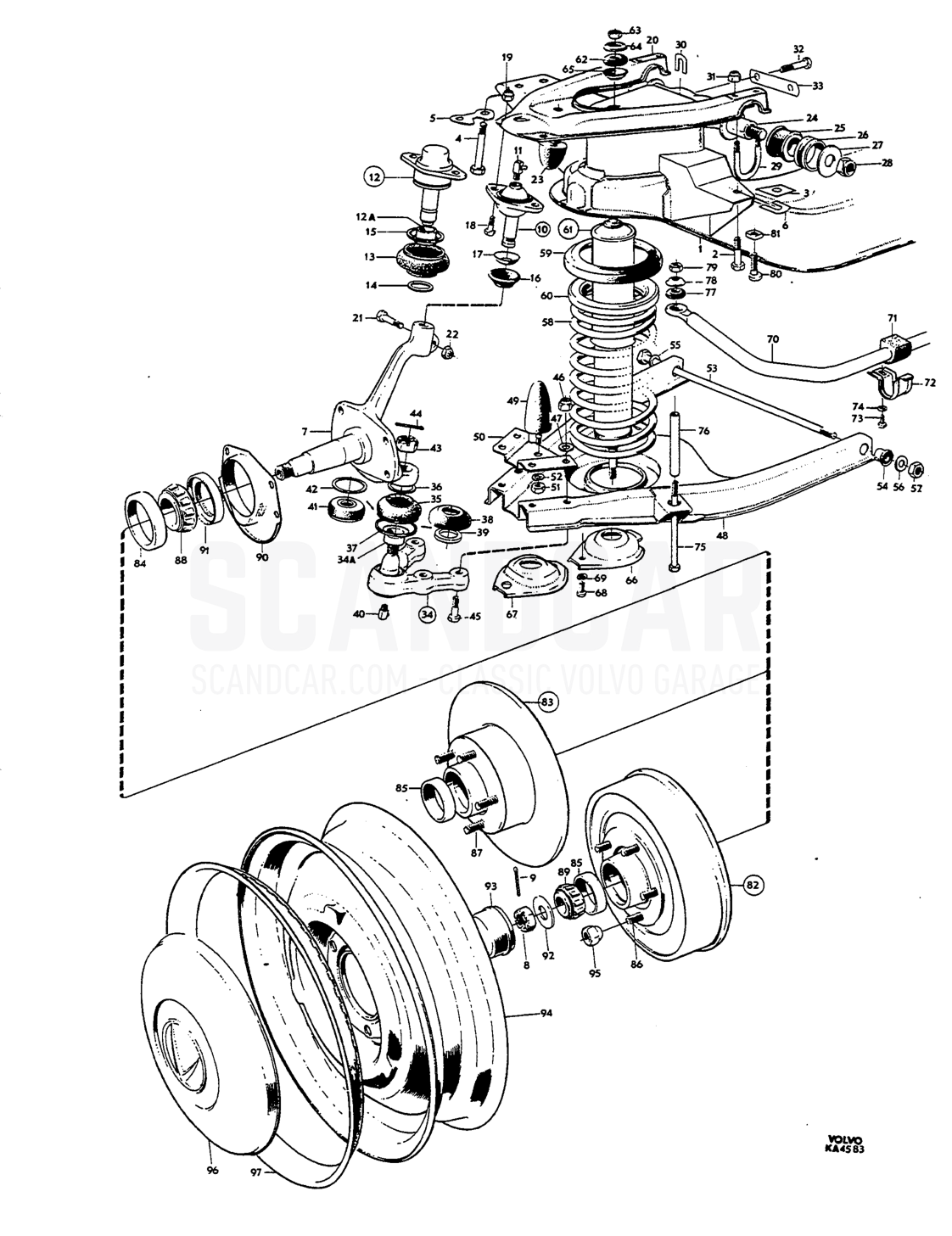 Front axle, wheels - eksplosionstegning, Foraksel - Hjul - Styretøj, Volvo Amazon B18