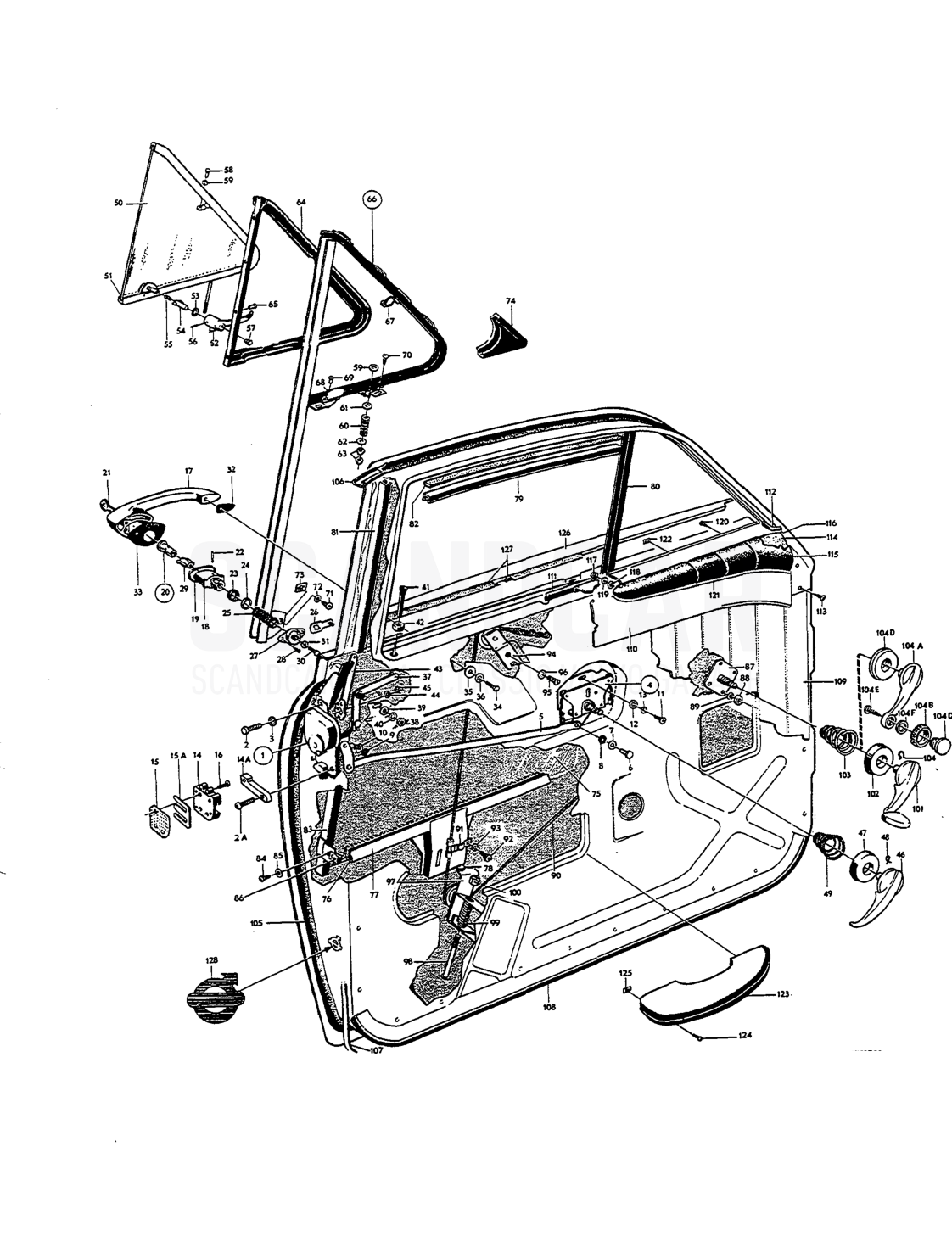 Door components, forward doors - eksplosionstegning, Karrosseri, Volvo Amazon B18