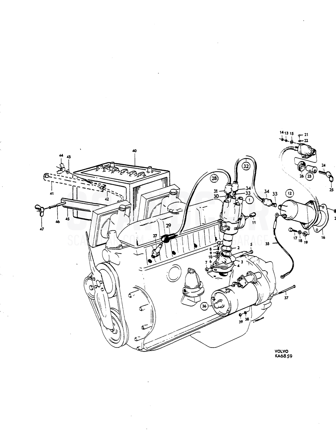 ignition coil, sparking plugs, cables, starter motor, battery - eksplosionstegning, Elektrisk udstyr, Volvo P1800 S