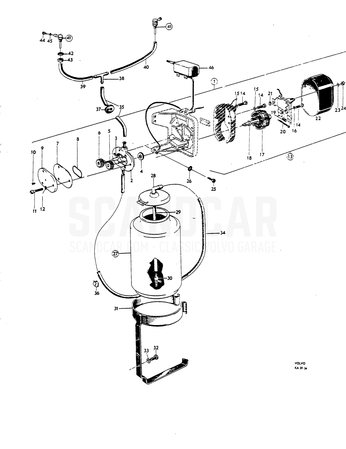 Windscreen washer - eksplosionstegning, Elektrisk udstyr, Volvo P1800 S