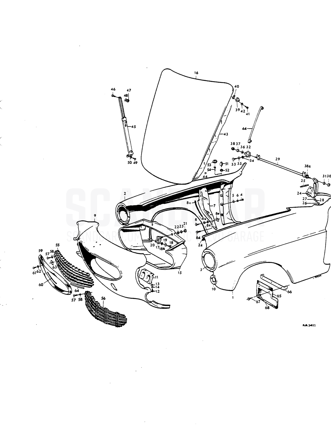 Frcnt mudguards, front end, bannet Noies - eksplosionstegning, Karrosseri, Volvo P1800 S