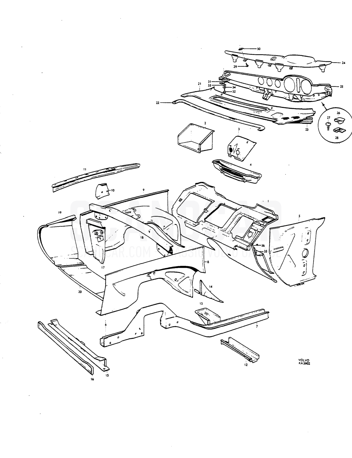 Cowl, instrument panel - eksplosionstegning, Karrosseri, Volvo P1800 S