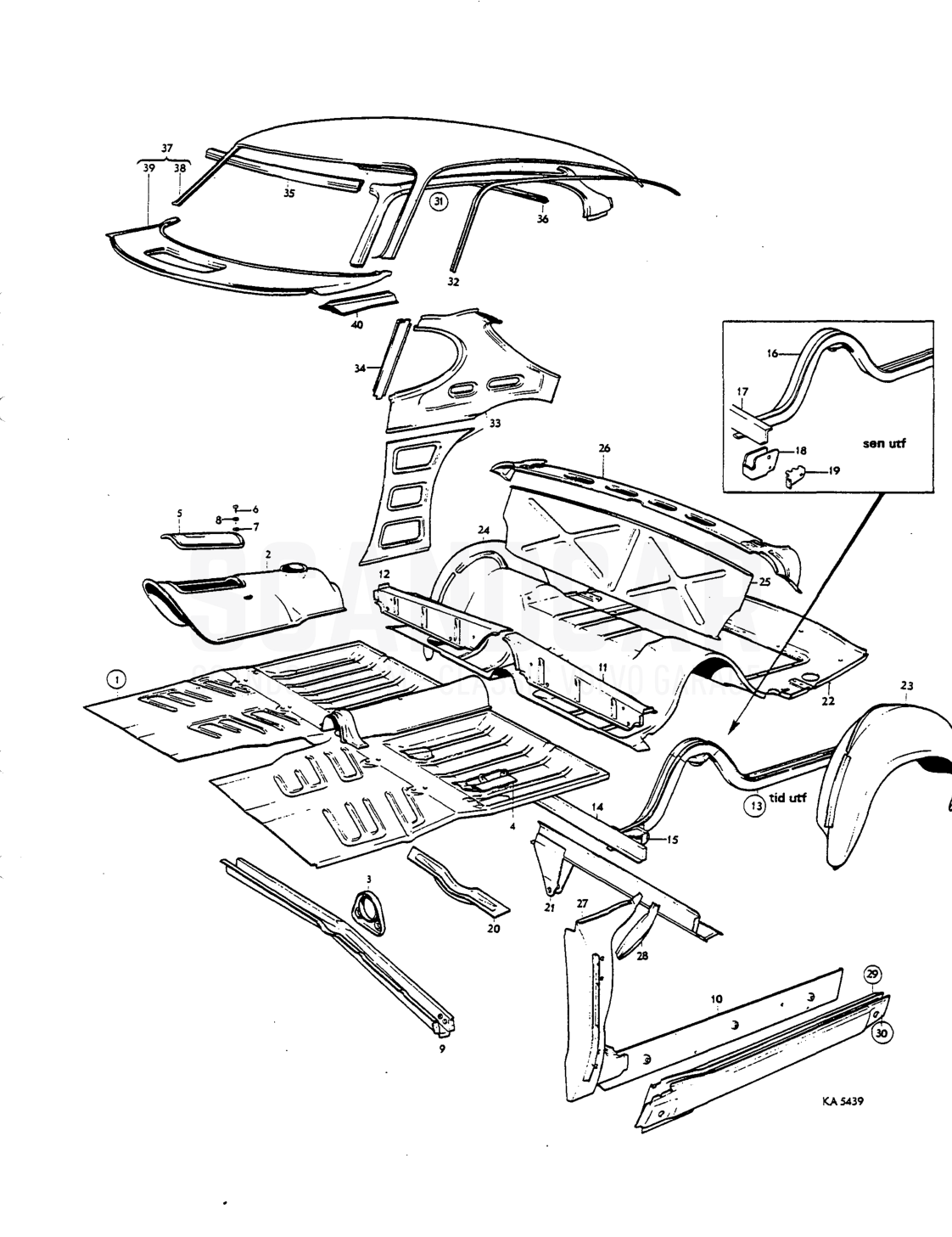 Floor section, body sides, roof - eksplosionstegning, Karrosseri, Volvo P1800 S