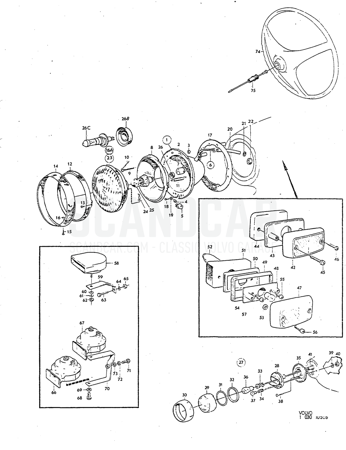 Headlamps, flashers, Illustration horn, horn components Sats lAnmärkning Kit INotes - eksplosionstegning, Elektrisk udstyr, Volvo P1800
