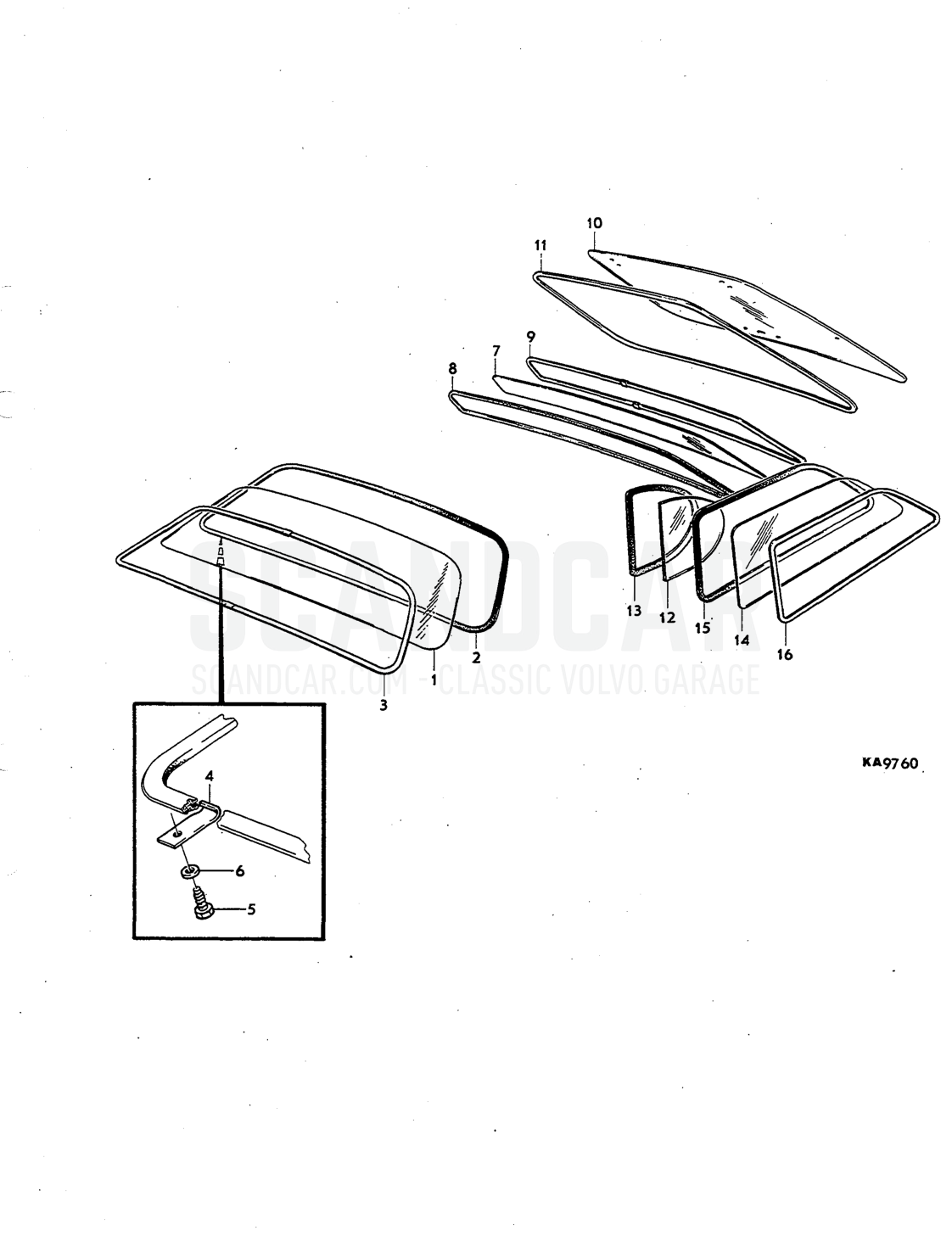 rear window, Illustration quarter windows rear Sats Kit - eksplosionstegning, Karrosseri, Volvo P1800