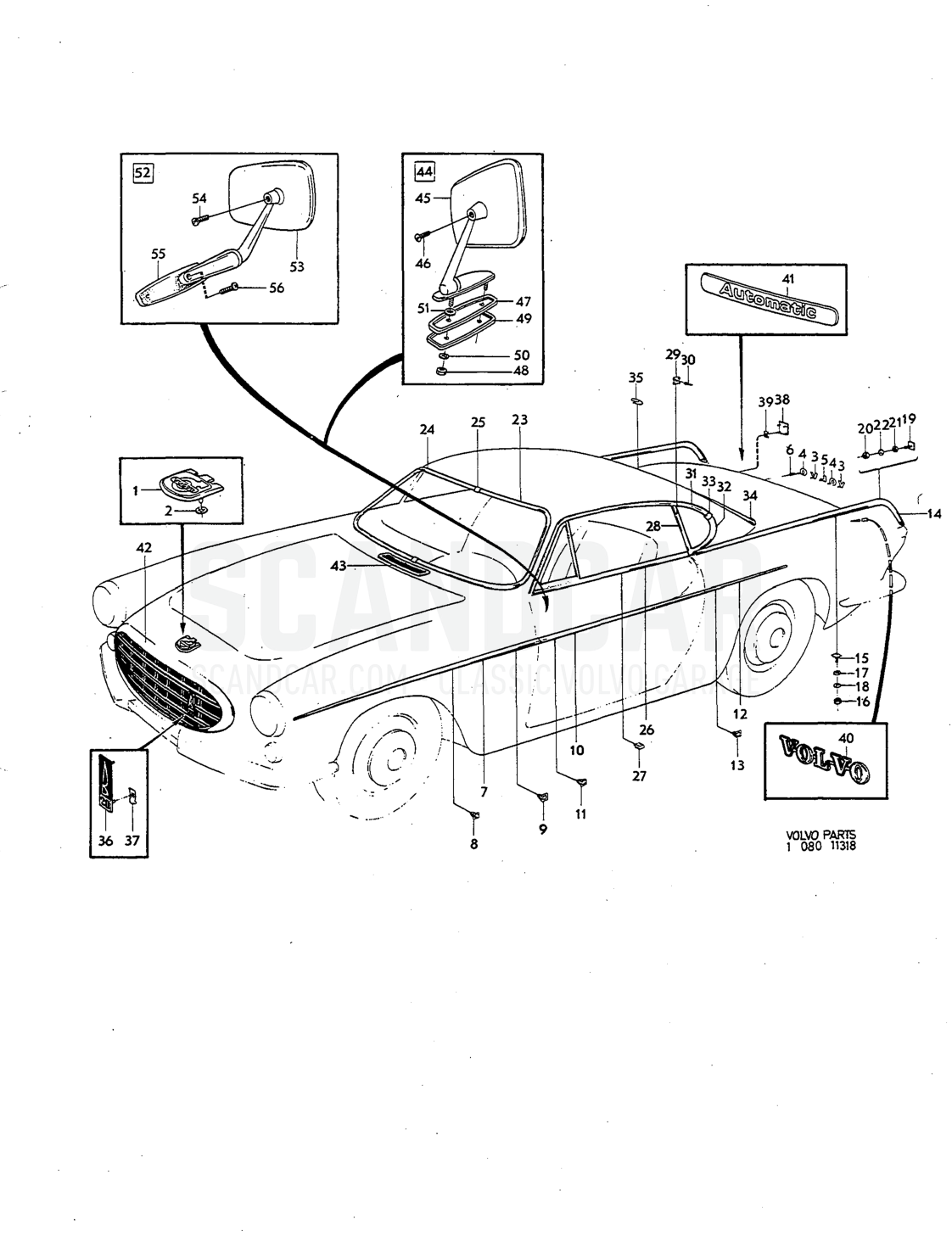 Externa embellishers Illustration rear view mirror, Sats Kit - eksplosionstegning, Karrosseri, Volvo P1800