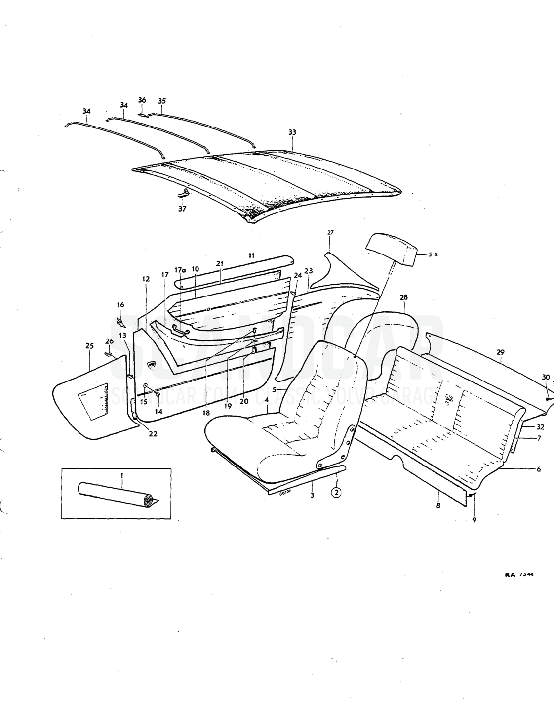 Upholstery Illustration komb Sats Kit - eksplosionstegning, Karrosseri, Volvo P1800