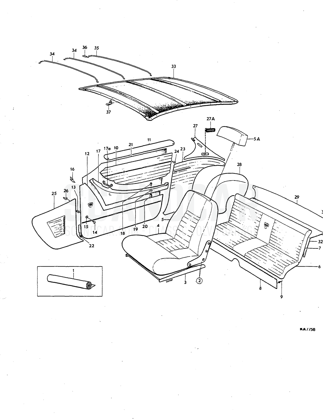 Upholstery Illustration komb Sats Kit - eksplosionstegning, Karrosseri, Volvo P1800
