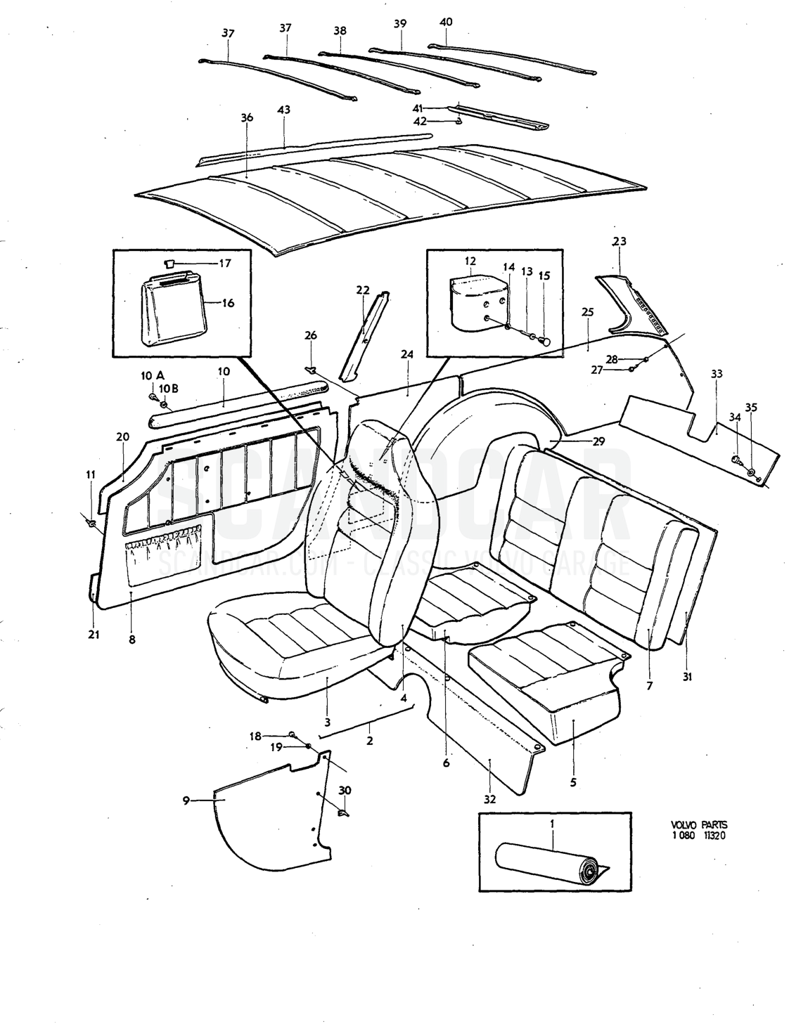 Upholstery Illustration komb Sats Kit - eksplosionstegning, Karrosseri, Volvo P1800