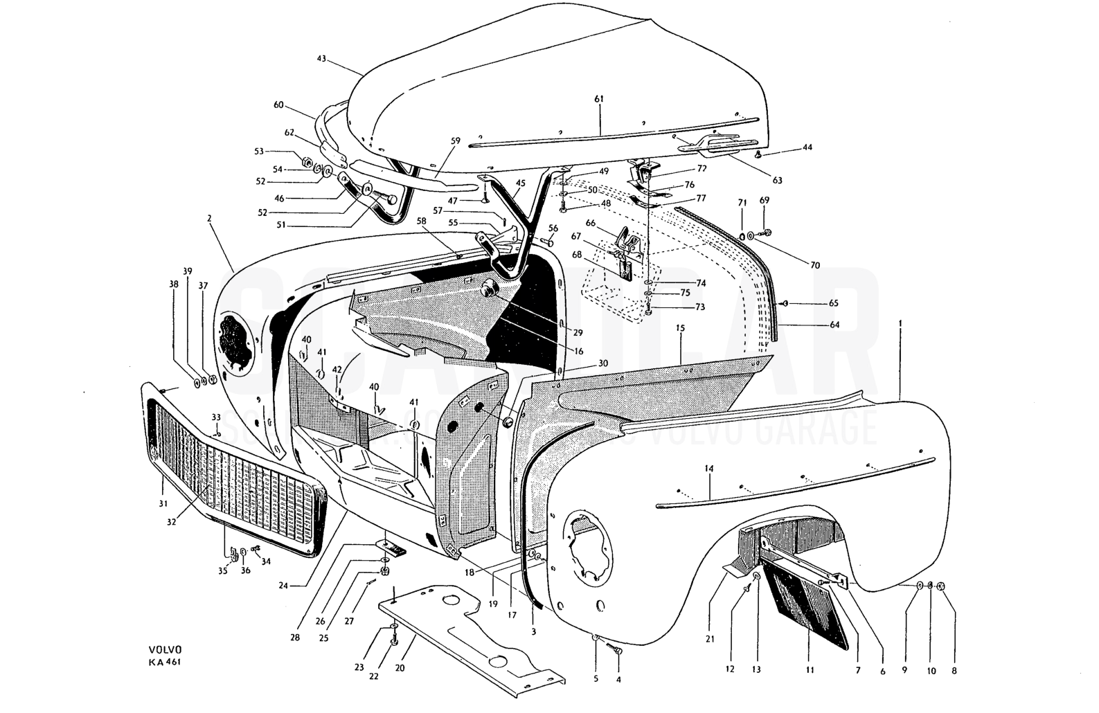 Motorhuv - eksplosionstegning, Karrosseri, Volvo PV544 / P210 B16