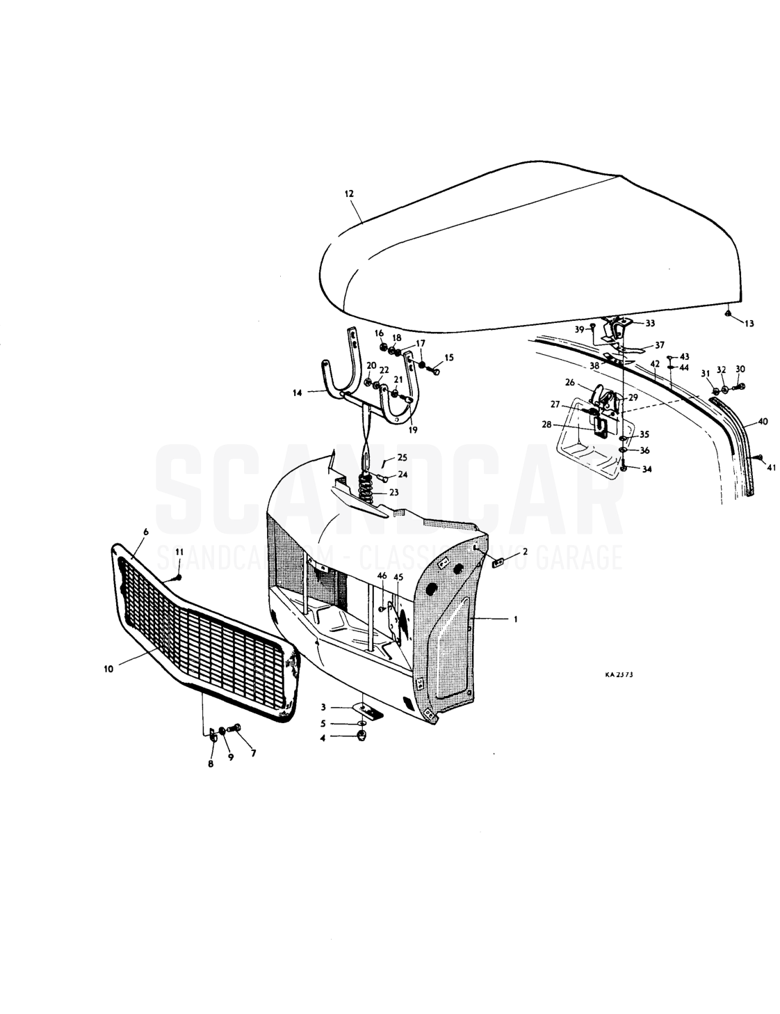 Front end, bonnet, bonnet lock - eksplosionstegning, Karrosseri, Volvo PV544 / P210 B18